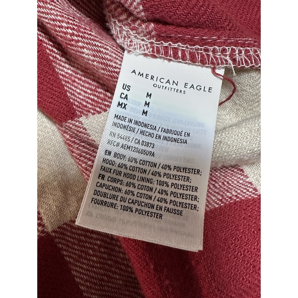 American Eagle Long Sleeve Red/Tan Plaid Button Up Hooded Sweatshirt Sz M - Picture 2 of 11